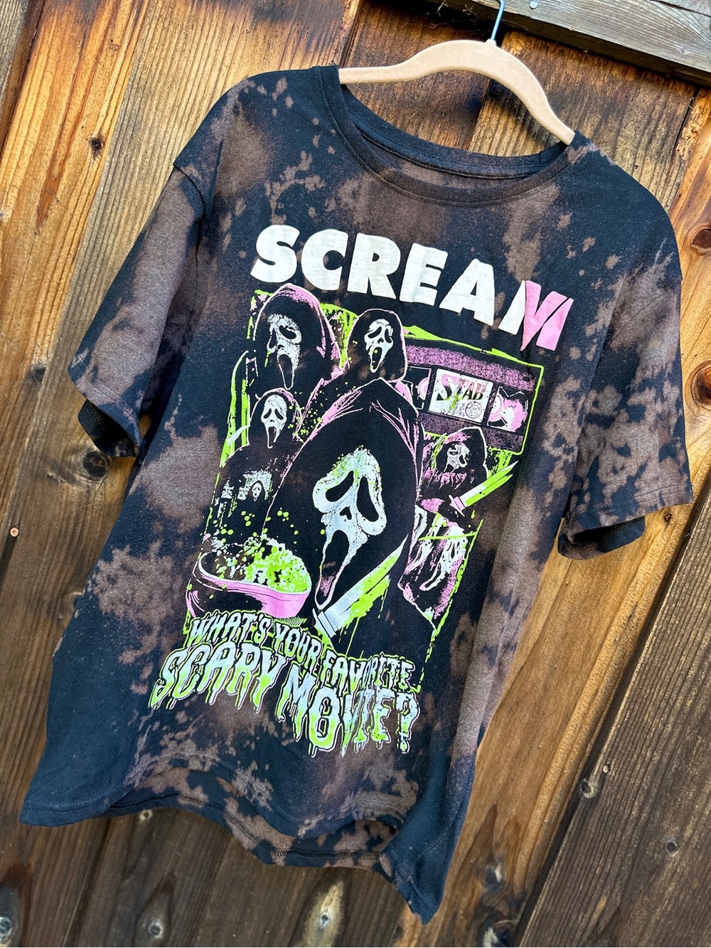 Handmade Scream "What's Your Favorite Scary Movie?" Graphic T-Shirt Reverse Dye